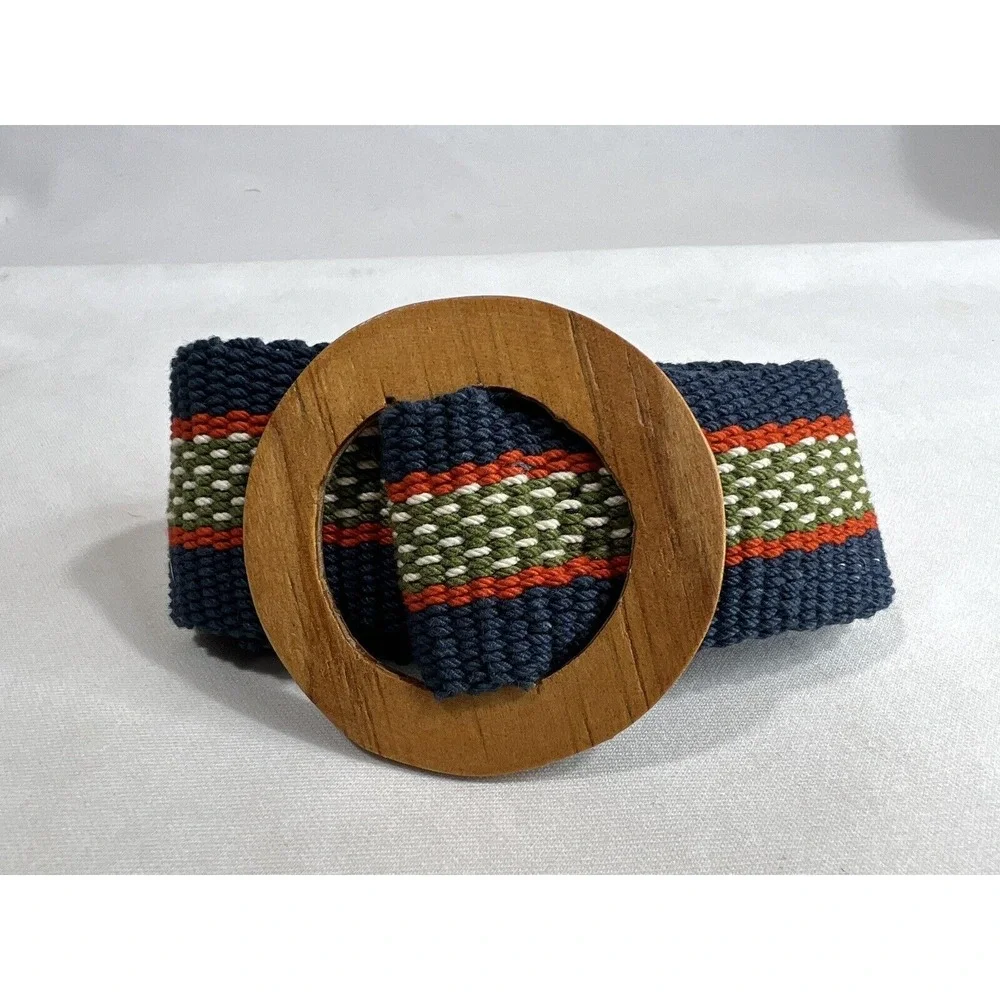 Vintage Wide Canvas Belt Women's Petite Woven Blue Green Red Wooden Buckle‎
